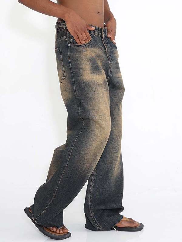 Men's Vintage Distressed Raw Trim Straight Leg Jeans-2