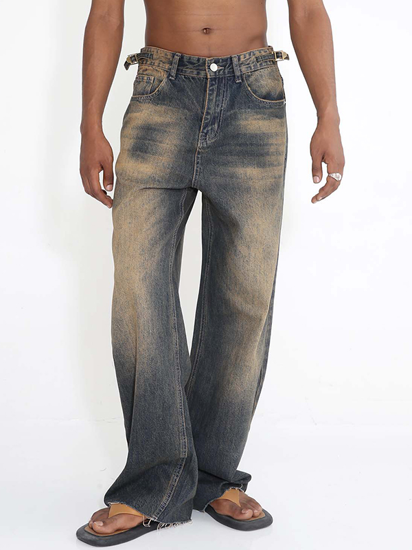 Men's Vintage Distressed Raw Trim Straight Leg Jeans-1