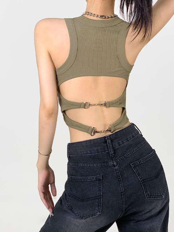 Solid Metal Buckle Backless Tank Top-1
