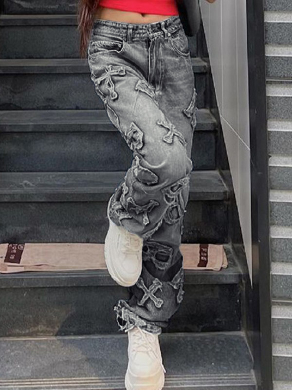 Letter Patch Faded Boyfriend Jeans-3