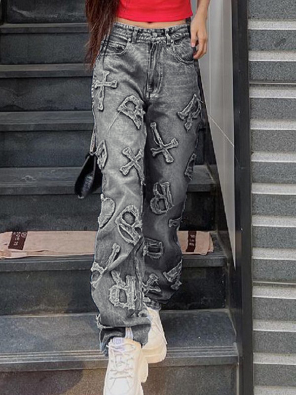 Letter Patch Faded Boyfriend Jeans-1