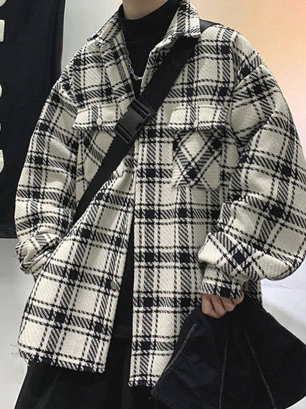 Men's Tweed Checkered Long Sleeve Shirt Jacket-3