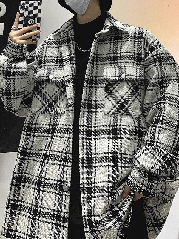 Men's Tweed Checkered Long Sleeve Shirt Jacket-2