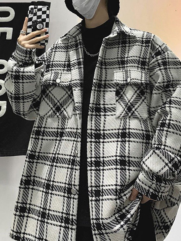 Men's Tweed Checkered Long Sleeve Shirt Jacket-1