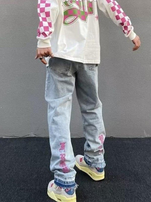 Men's Letter Embroidered Light Wash Loose Jeans-2