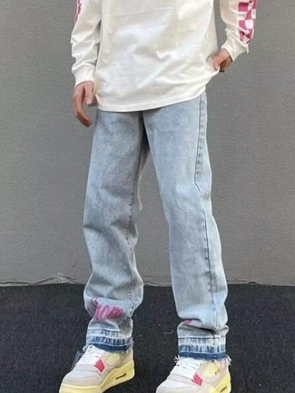 Men's Letter Embroidered Light Wash Loose Jeans-1