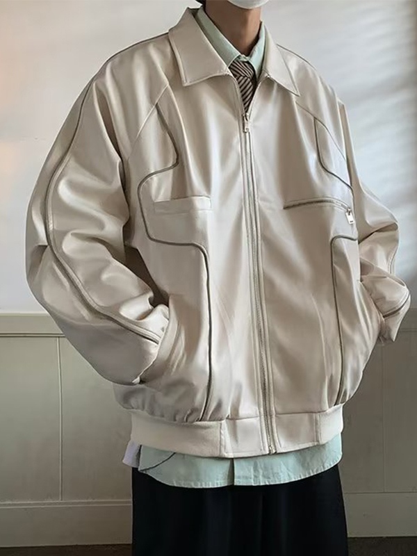 Piping Detail Zip Up Faux Leather Jacket-1