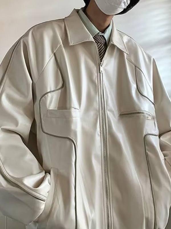 Piping Detail Zip Up Faux Leather Jacket-3