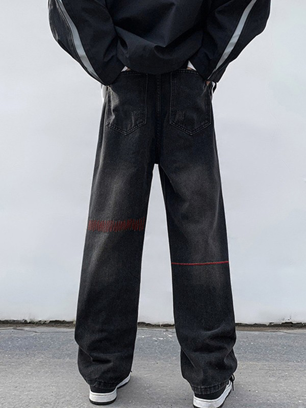 Men's Stitched Distressed Straight Leg Jeans-1