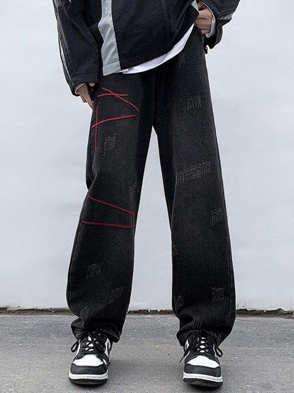 Men's Stitched Distressed Straight Leg Jeans-2