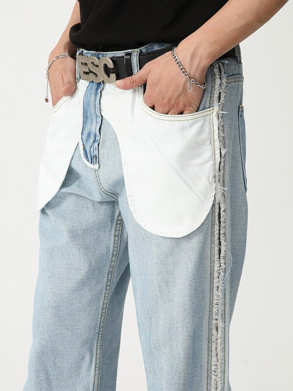 Men's Zip Fly Patchwork Straight Leg Jeans-3