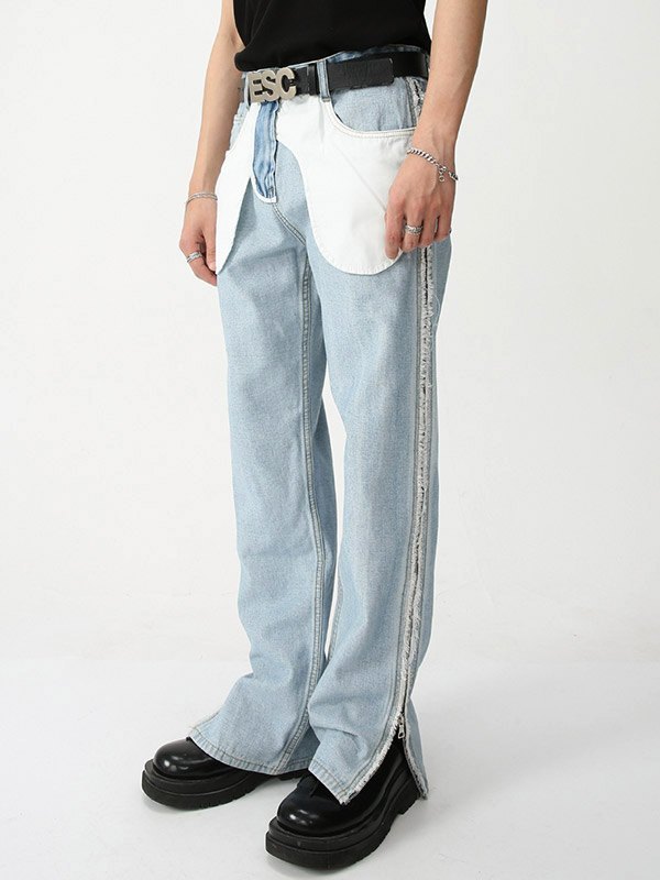 Men's Zip Fly Patchwork Straight Leg Jeans-1