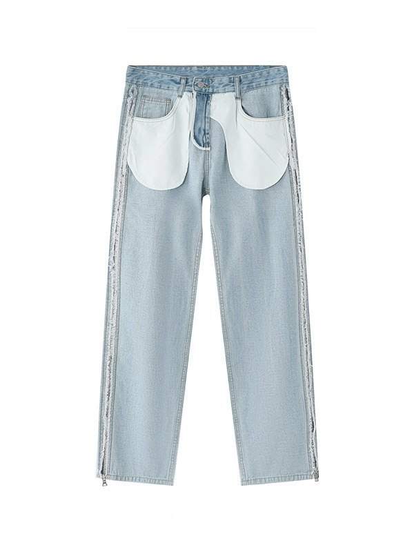 Men's Zip Fly Patchwork Straight Leg Jeans-4