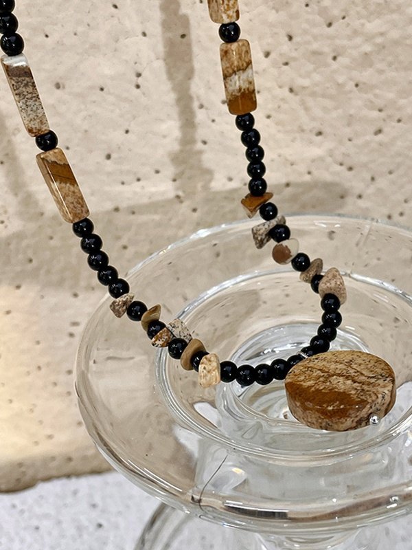 Wooden Disc Pendant Irregular Black Crystal Beaded Necklace-3