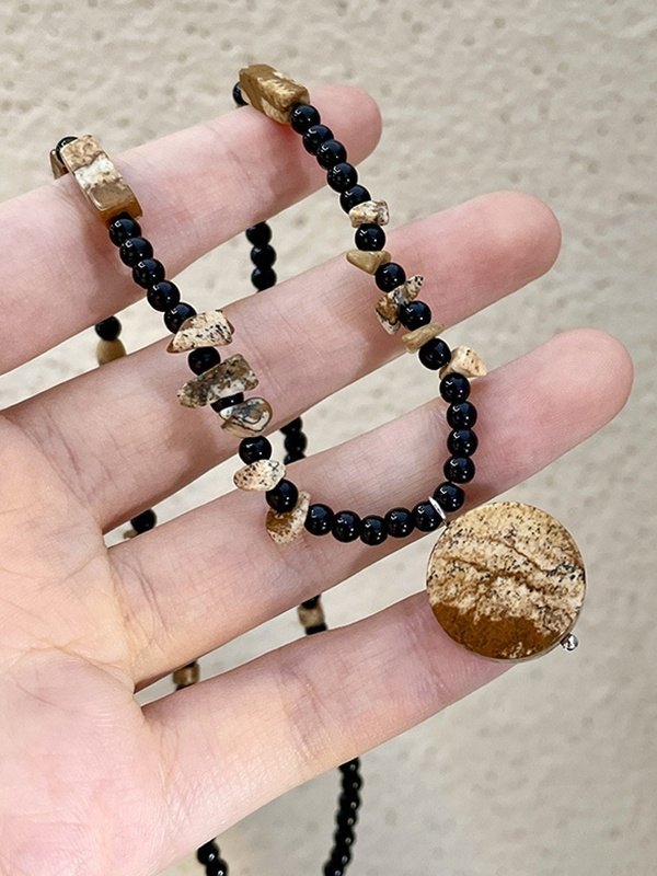 Wooden Disc Pendant Irregular Black Crystal Beaded Necklace-1