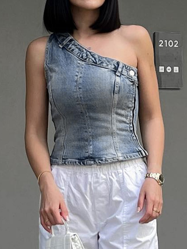 Vintage Denim One Shoulder Slim Bandeau Top-2