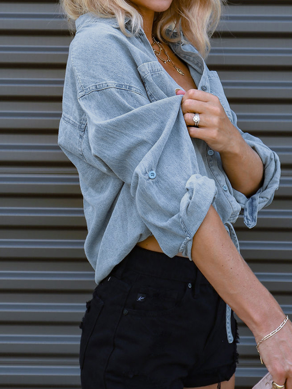 Vintage Dual Pocket Drawstring Denim Blouses&Shirts-2