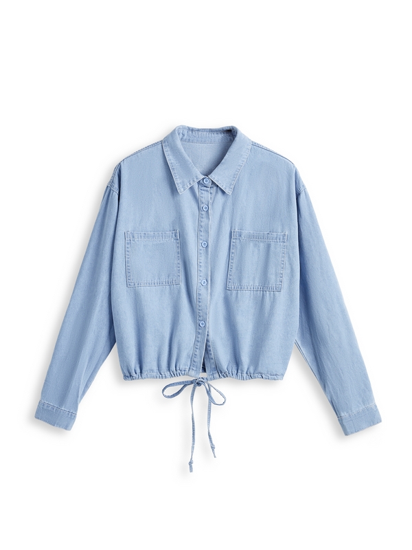 Vintage Dual Pocket Drawstring Denim Blouses&Shirts-4