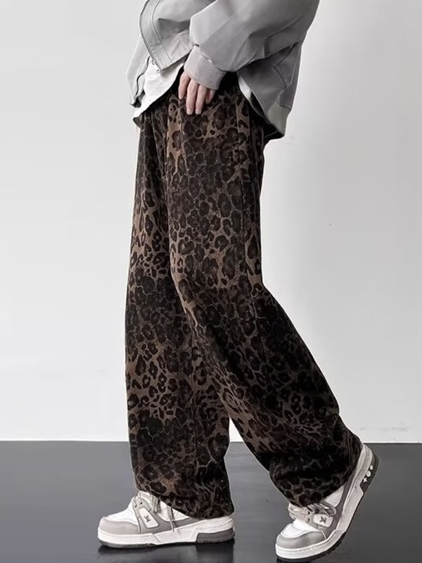 Men'S American Retro Niche Leopard Print Loose Jeans-2