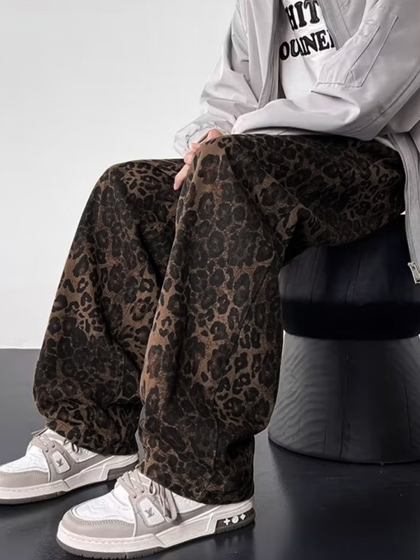 Men'S American Retro Niche Leopard Print Loose Jeans-4