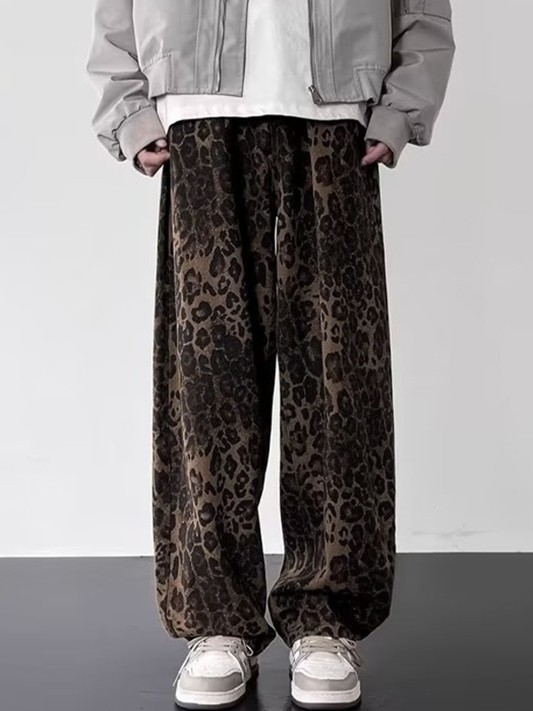 Men'S American Retro Niche Leopard Print Loose Jeans-1