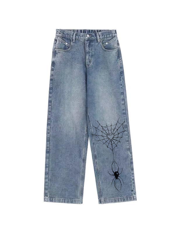 Spider Print Vintage Blue Wide Leg Boyfriend Jeans-2