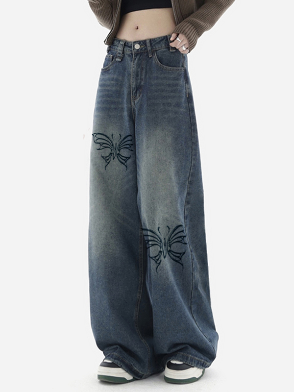 Butterfly Print Blue Wash Baggy Boyfriend Jeans-1