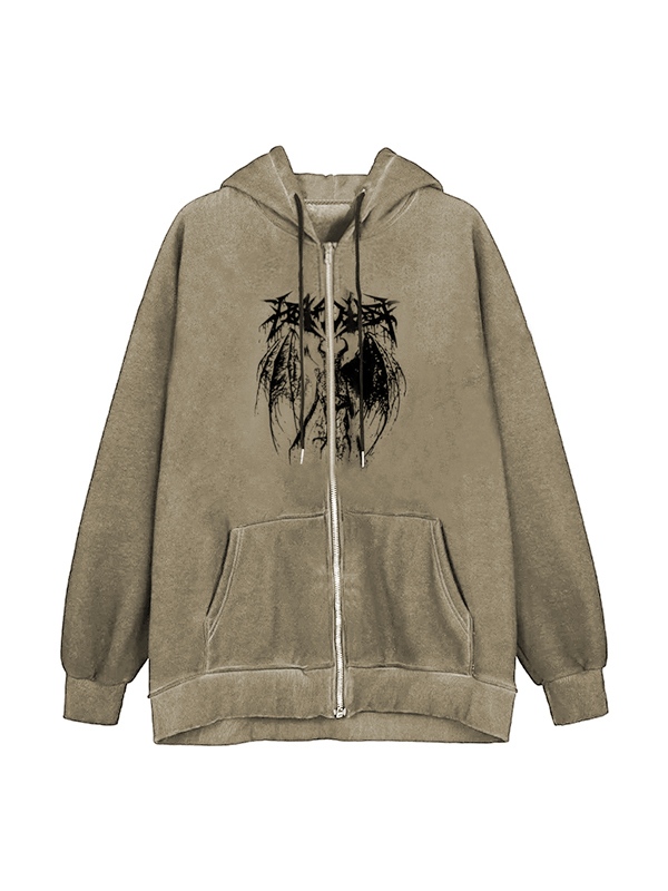 Men's Demon Print Drawstring Zip Up Oversized Hoodie-1