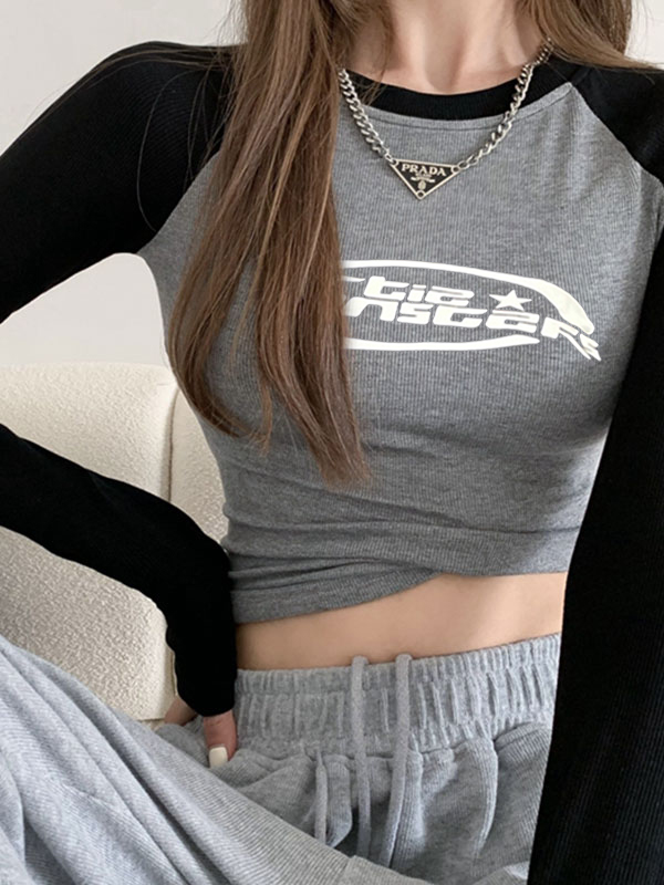 Letter Print Raglan Long Sleeve Tee-1