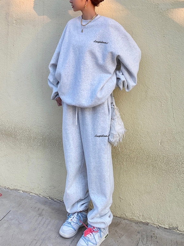 Solid Crew Neck Sweatshirt&Bound Feet Sweatpants Set-4