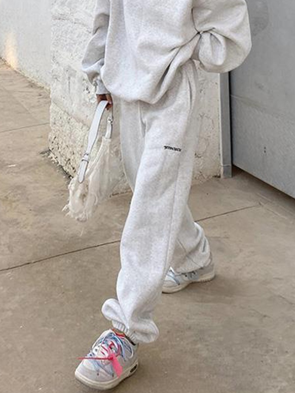 Solid Crew Neck Sweatshirt&Bound Feet Sweatpants Set-2