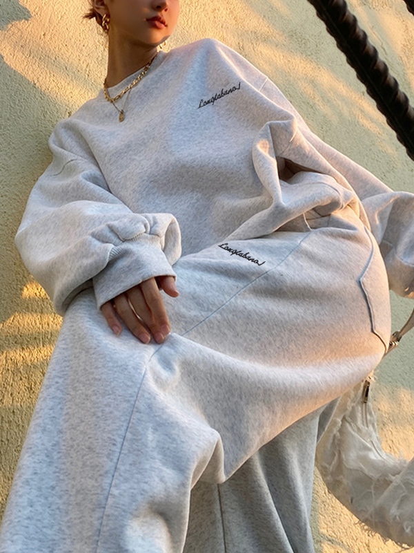 Solid Crew Neck Sweatshirt&Bound Feet Sweatpants Set-3