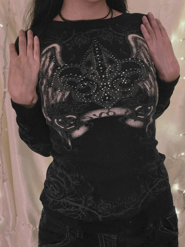 Rhinestone Floral Print Oversized Long Sleeve Tee-1