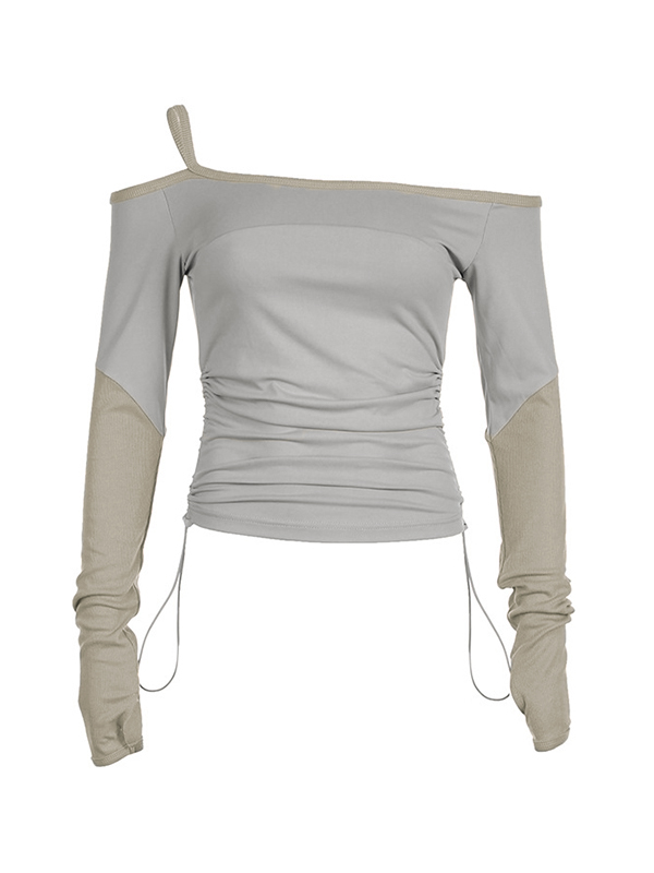 Off Shoulder Splice Side Drawstring Long Sleeve Tee-3