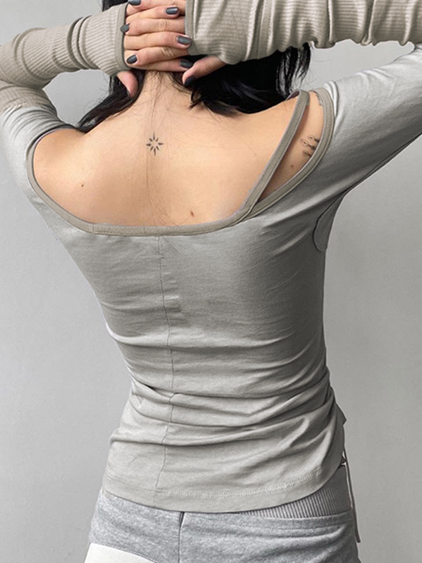 Off Shoulder Splice Side Drawstring Long Sleeve Tee-2