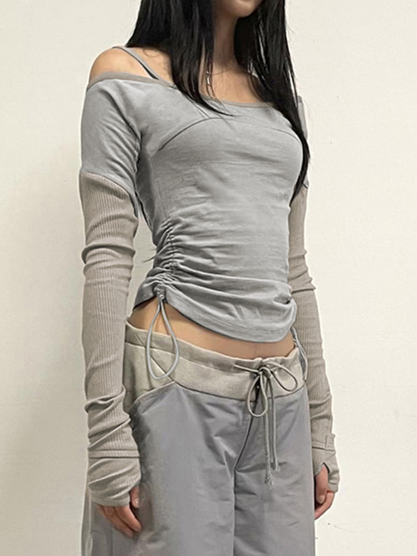 Off Shoulder Splice Side Drawstring Long Sleeve Tee-1