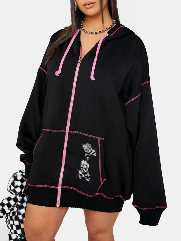 Gothic Skull Rhinestone Print Oversized Hoodie-3