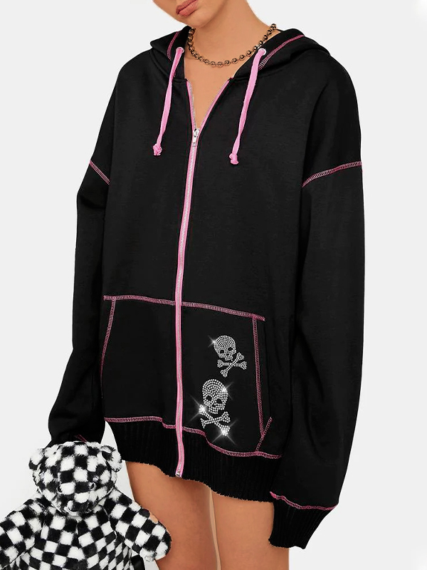 Gothic Skull Rhinestone Print Oversized Hoodie-2