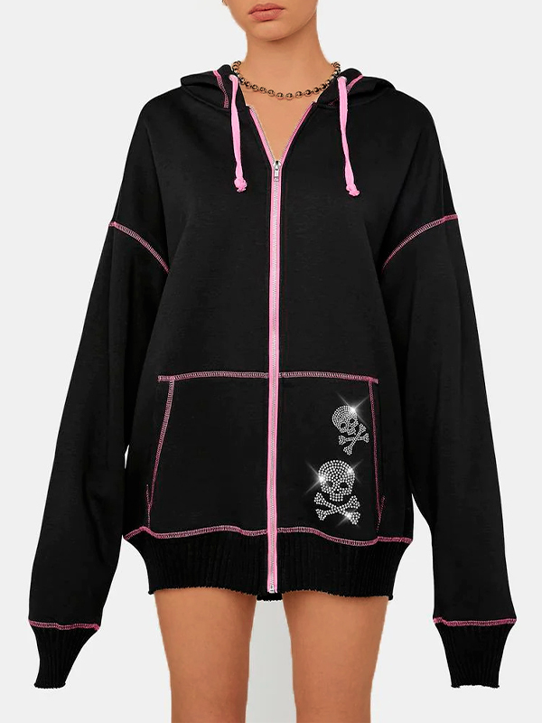 Gothic Skull Rhinestone Print Oversized Hoodie-1