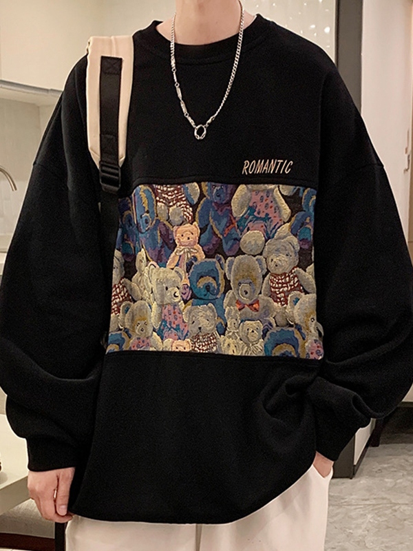 Men's Bear Print Splice Sweatshirt-2