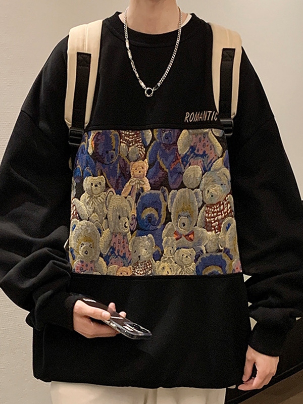 Men's Bear Print Splice Sweatshirt-1