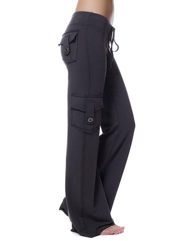 Button Pocket Stretchy Waist Straight Leg Pants-1