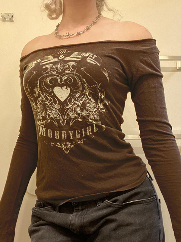 Vintage Heart Print Off Shoulder Long Sleeve Tee-1