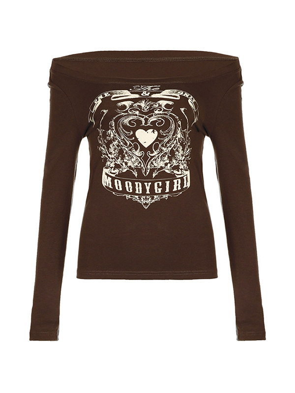 Vintage Heart Print Off Shoulder Long Sleeve Tee-3