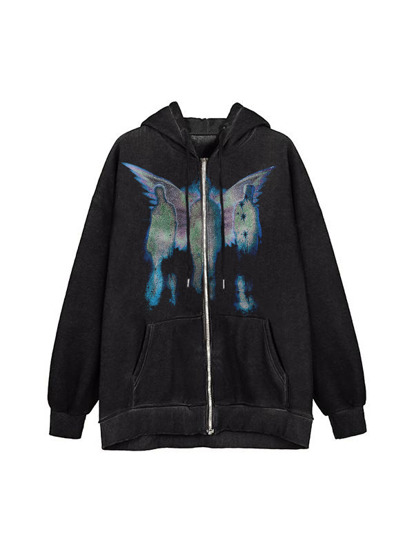 Vintage Butterfly Print Zip Up Oversized Hoodie-1