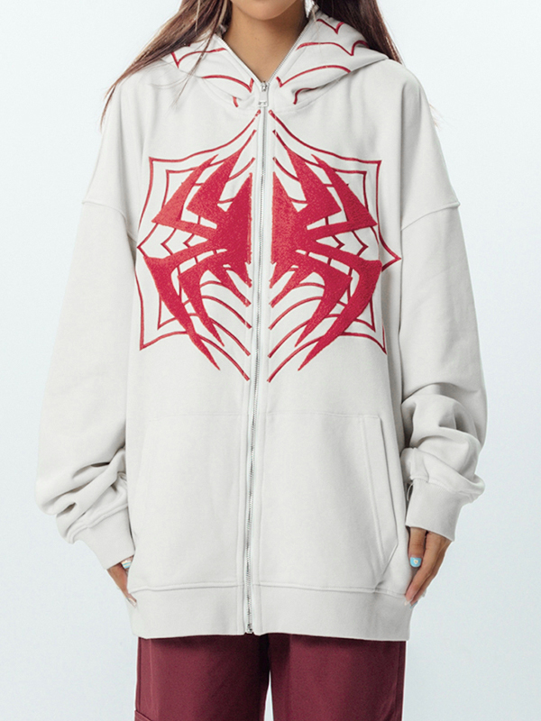 Contrast Color Spider Print Full Zip Oversized Hoodie-1