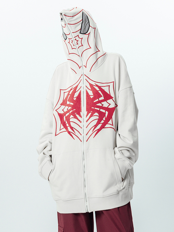 Contrast Color Spider Print Full Zip Oversized Hoodie-3