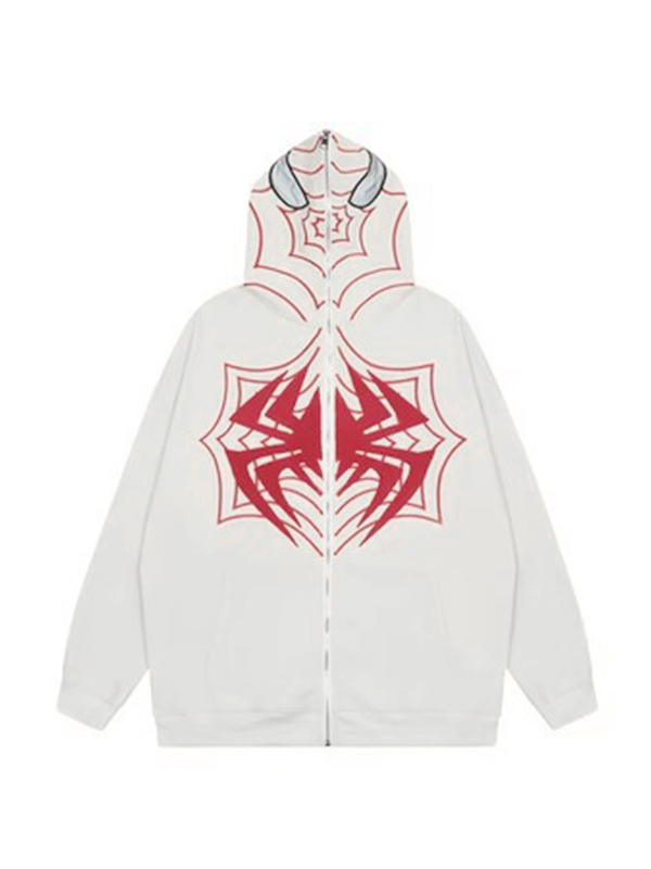 Contrast Color Spider Print Full Zip Oversized Hoodie-4