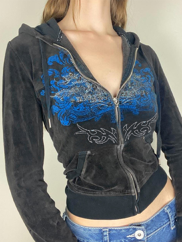 Grunge Rhinestone Print Zip Up Hoodie-1