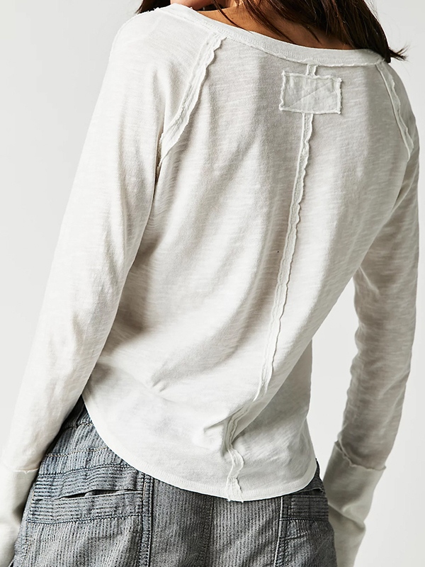 Solid Notch Neck Long Sleeve Tee-1